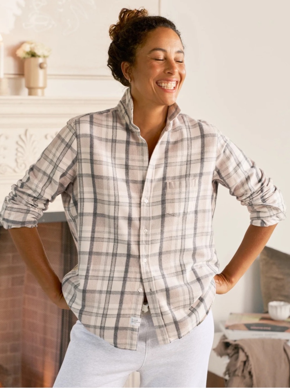 Frank & Eileen Eileen Relaxed Button-Up Shirt Cream,Sand Grey Plaid XL